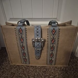 Montana West Tan Tote with Blue Straps and Ornate Buckle